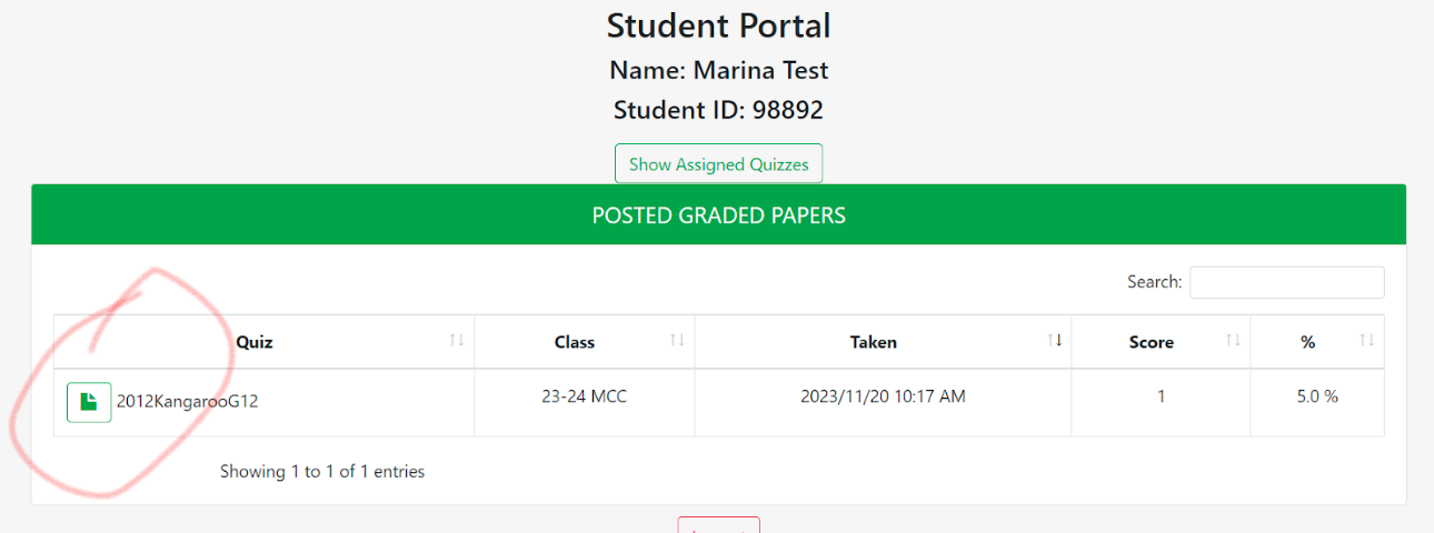 ZipGrade Student Portal results screen